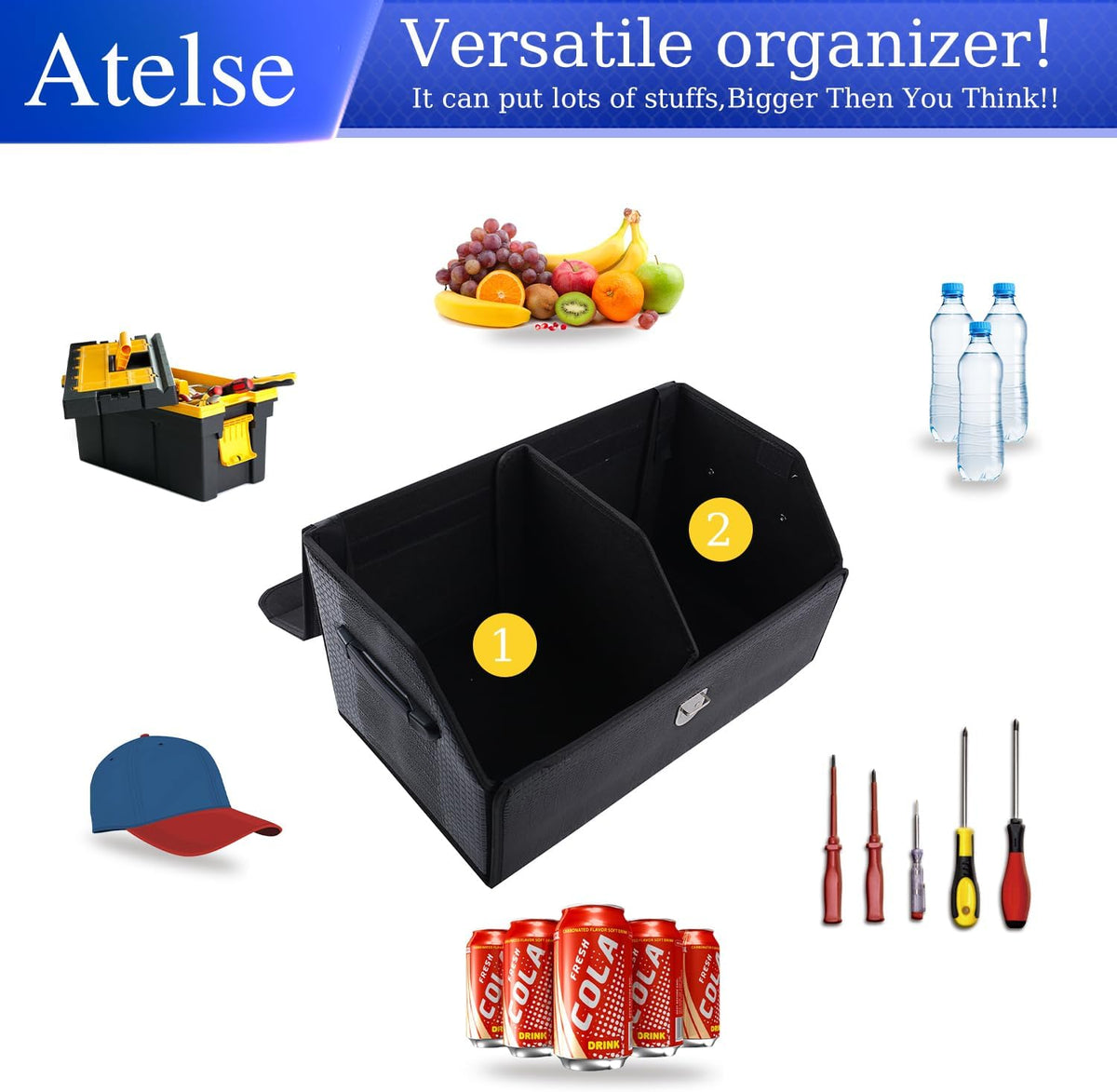 Trunk Organizer for Car, SUV Trunk Organizer Leather Storage, Cargo Box-Automotive Consoles Organizers-Multi-Compartment Adjustable Auto Grocery Home Storage Box