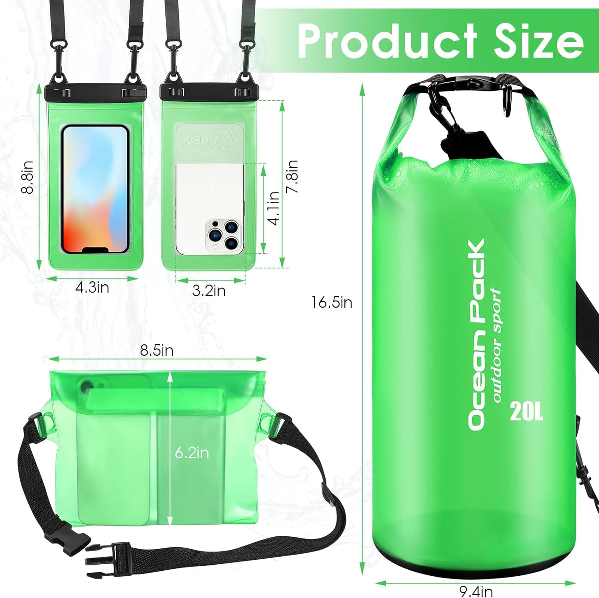 VZZNN Waterproof Dry Bag Set of 3 - 20L Lightweight Dry Sack with Waist Pouch & Phone Case | Green