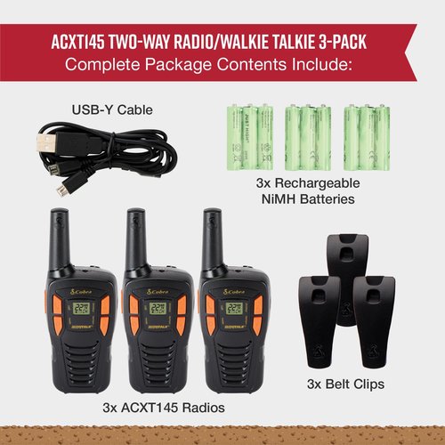 Cobra ACXT145-3 Compact Walkie Talkies - Rechargeable, Lightweight, 22 Channels, Long Range 16-Mile Two-Way Radio Set (3-Pack), Black