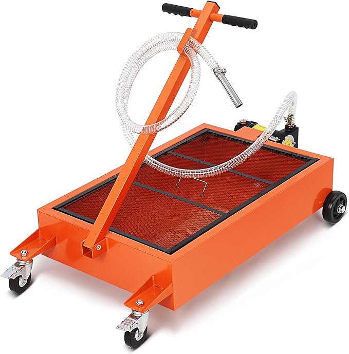 15 Gallon Oil Drain Pan with 110V Electric Pump, Low Profile Oil Drain Pan for Oil Change, Oil Change Pan with 8 Ft Hose and Folding Handle, Rolling Oil Drain Cart for Car, SUV, Trucks, Orange