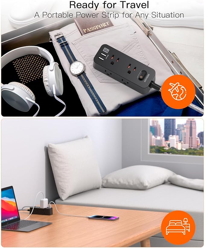 15Ft Black Extension Cord, BESHON Power Strip Surge Protector, 6 Outlets with 3 USB Ports(1 USB C Outlet), 3-Side Outlet Extender, Wall Mount, Compact for Home, College Dorm Room