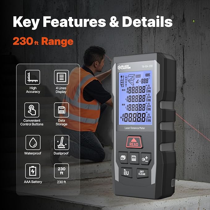BLACK CANYON Laser Distance Meter, 165/230/330 ft Range