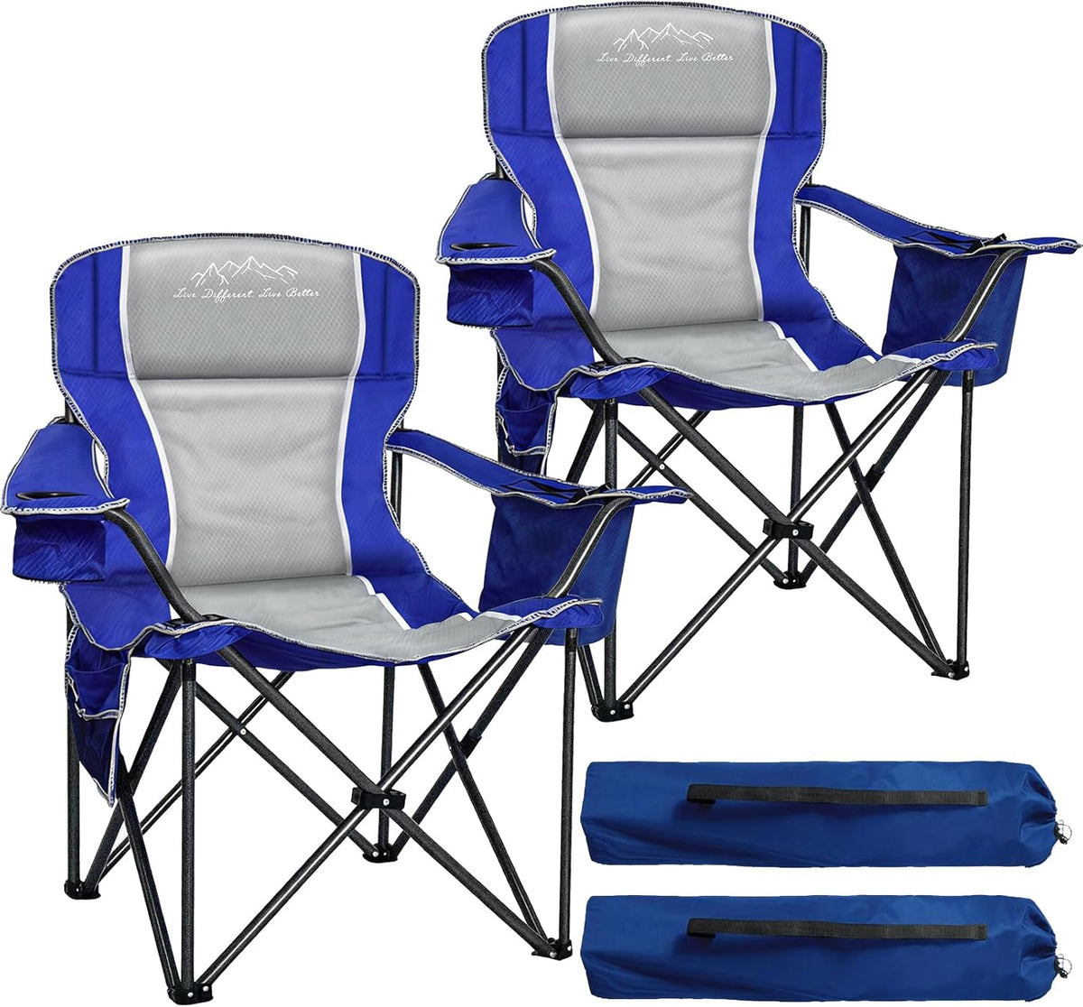 Skiennix Heavy-Duty Camping Chairs - 500lbs Capacity, High Back, Padded, Blue | 2-Pack with Cooler Bag & Cup Holder