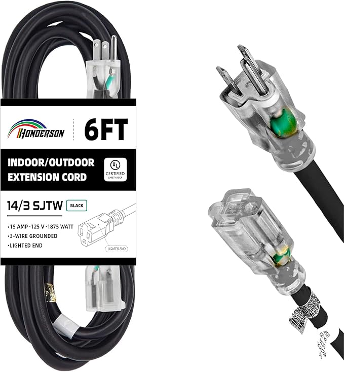 Indoor Outdoor Extension Cord Weatherproof with Lighted End, UL Certified, 14 Gauge 6FT Black 3 Prong Heavy Duty, 14/3 SJTW 15A Power Cord for Outdoor Lights, Lawn