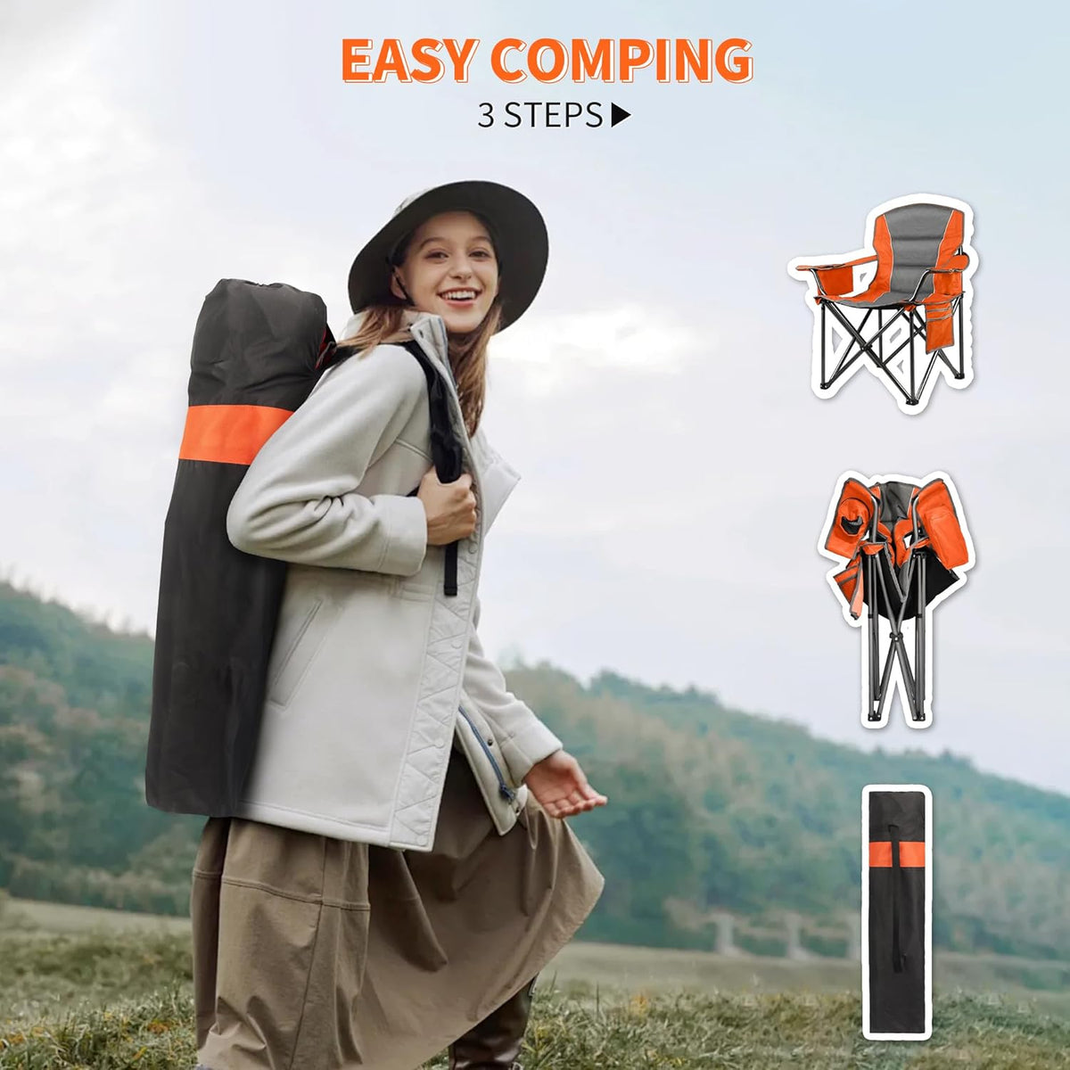 Skiennix Padded Oversized Camping Chairs - Heavy Duty 400 Lbs Support | Portable Folding Lawn Chair with Cup Holder & Cooler Bag (Orange & Blue)