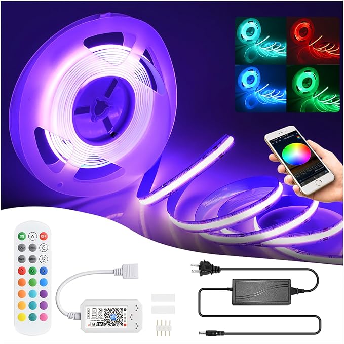 INDARUN RGB COB Led Strip Light 16.4FT/5M, 576Leds/M, 24V Color Changing Led Strip Lights Dimmable with APP Control, Music Sync, Alexa/Google Compatible, Flexible Led Tape Light for Room Decor