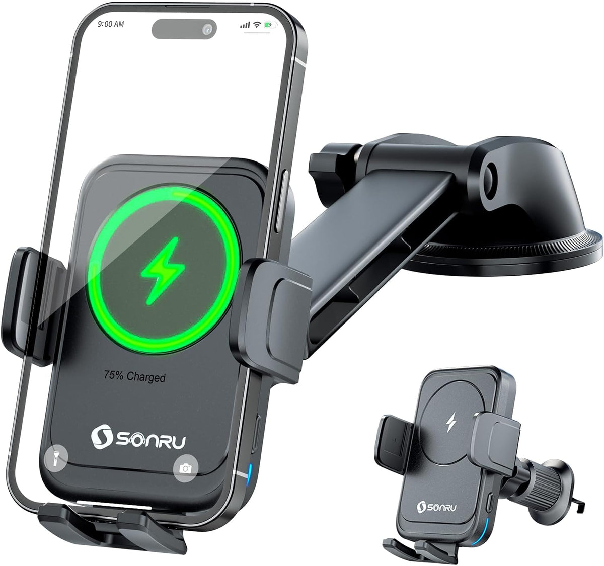 SONRU Car Phone Holder Wireless Charger, Qi 15W Wireless Car Charger Fast Charging Auto Clamping Car Charger Mount Suction Holder Dashboard Air Vent for iPhone 16/15/14/13/12/11, Samsung S25/24