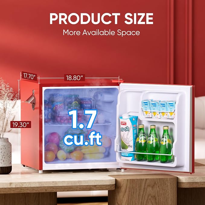 Upstreman 1.7 Cu.Ft Retro Mini Fridge, Low Noise, Energy Saving, Adjustable Thermostat, Single Door, Side Bottle Opener, Metal Handle, Compact Refrigerator for Office, Bedroom, Dorm-FR17 PRO (Red)