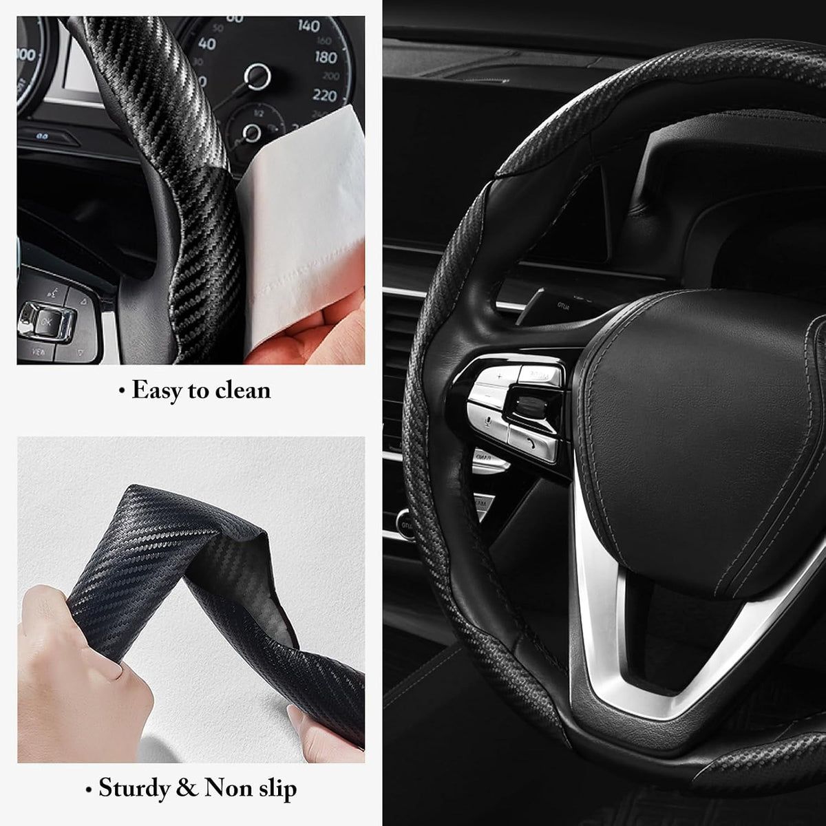 Carbon Fiber Steering Wheel Cover 3pcs Grip 15 inch Universal Black