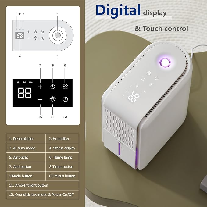 3 in 1 Dehumidifier, Humidifier & Aroma Diffuser with Air Combo One - 39Oz, Small Auto Purifier Humidity Control Quiet 27db Multifuctional Colorful Mist,for Bedroom/Bathroom/Bome/Basement(350 sq.ft)