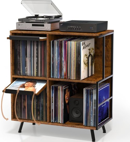 Faesun Vinyl Record Storage Stand - 3 Tier Flip Top Cabinet Holds 300+ Albums | Rustic Brown Turntable Display