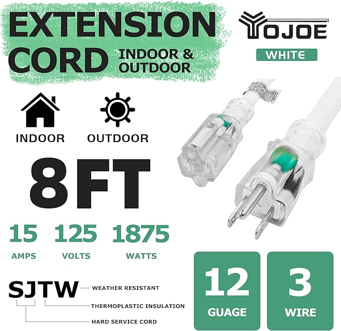 YOJOE Indoor Outdoor Extension Cord with Lighted End, 3 Prong 15A Weatherproof Power Cord, 12 Gauge Heavy Duty 8 ft White Extension Cord for Garage, Garden and Home, 12/3 SJTW UL Listed