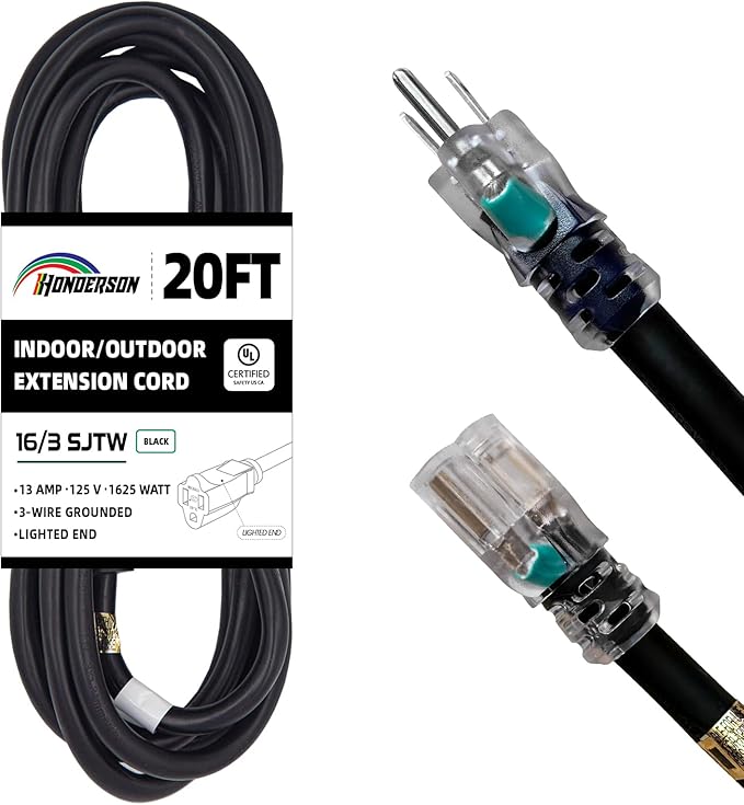 Indoor Outdoor Extension Cord Weatherproof with Lighted End, UL Certified, 16 Gauge 20FT Black 3 Prong Heavy Duty, 16/3 SJTW 13A Power Cord for Outdoor Lights, Lawn