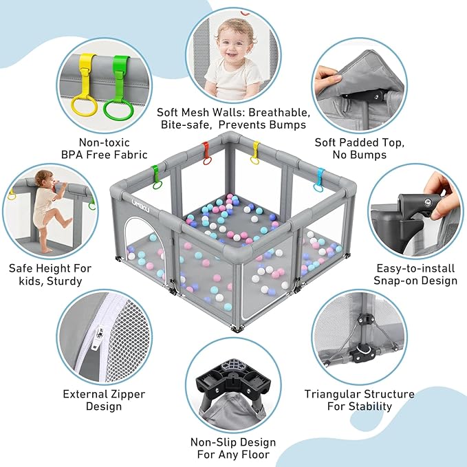Baby Playpen Foldable Playpen for Babies and Toddlers, Large Playpens Portable Play Pen with 2 Doors Safety Area for Kid Fence Travel Indoor Outdoor Baby Boy Girl Gifts Newborn Essentials 50"X50" Grey