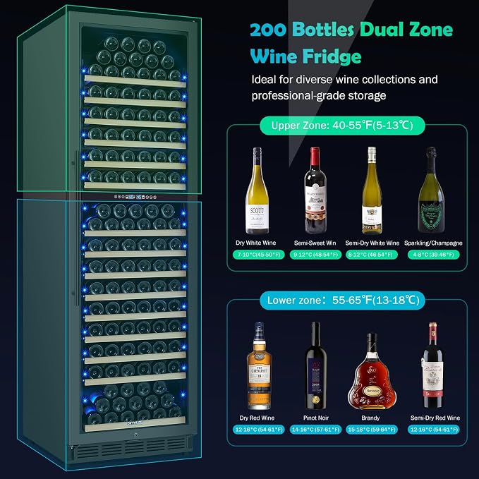 200 Bottle Dual Zone Wine Fridge – 24 Inch Large Capacity Wine Cooler Refrigerator Freestanding/Built-In with Upgraded Compressor, Low-Noise Wine Cellar & Intelligent Temperature Control - Black
