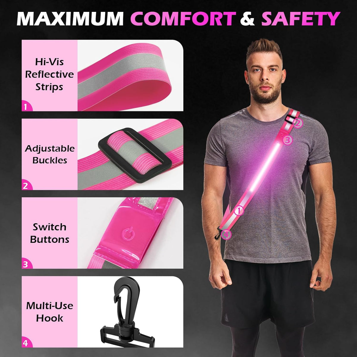 Rechargeable LED Reflective Belt by [Brand Name] - High Visibility Safety Gear with 11 Light Modes | Adjustable for Night Dog Walking, Running & Biking