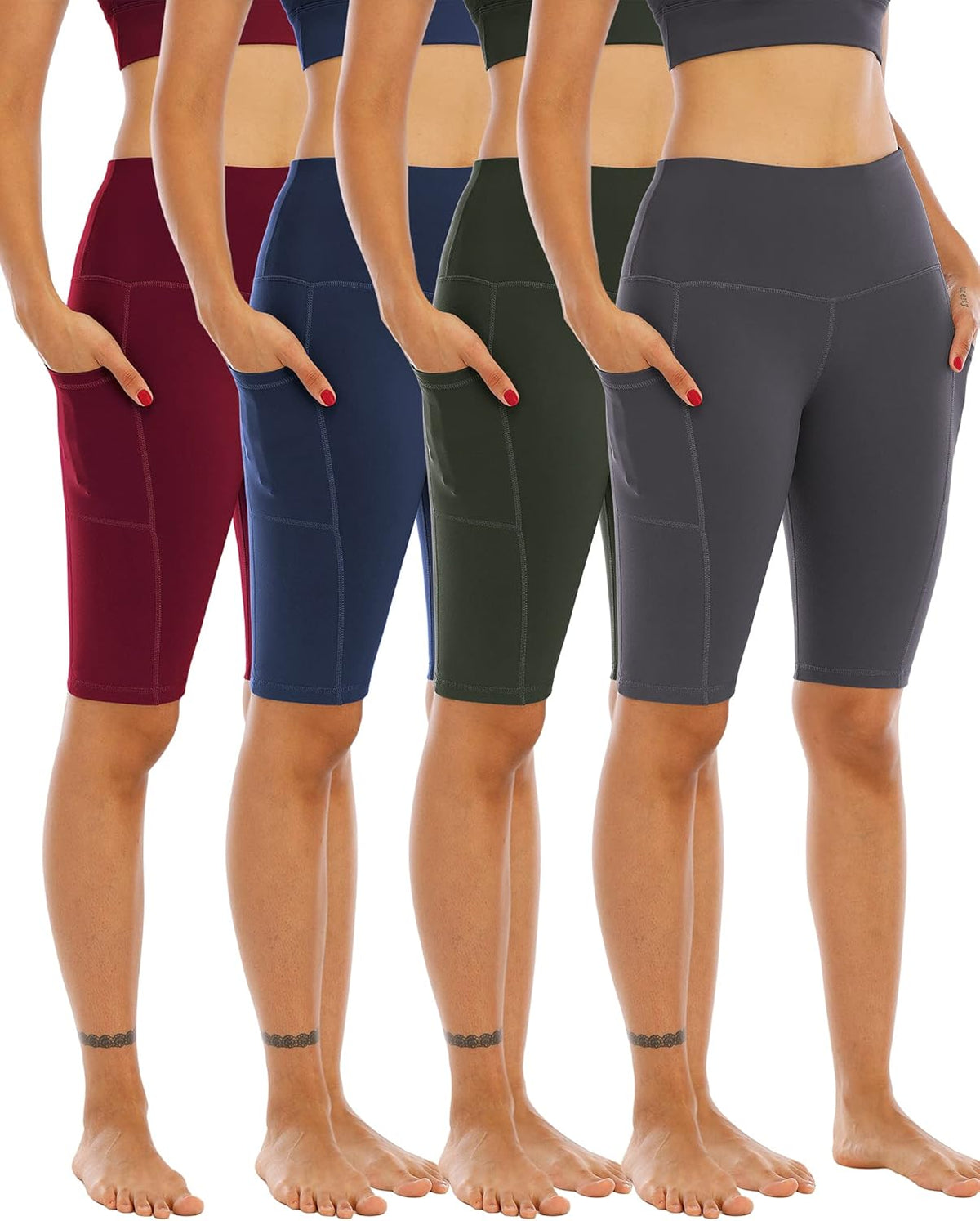 WHOUARE Biker Yoga Shorts - High Waisted with Pockets for Women | 4 Pack Tummy Control Workout Shorts