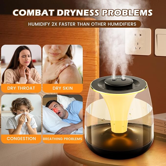 Humidifiers for Bedroom, 3 L Cool Mist Top-Fill 40H Super Long Time, 23dB Quiet, Baby Humidifier, Oil Diffuser for Large Room, Plants, Nursery, Office, Colored lights (black)