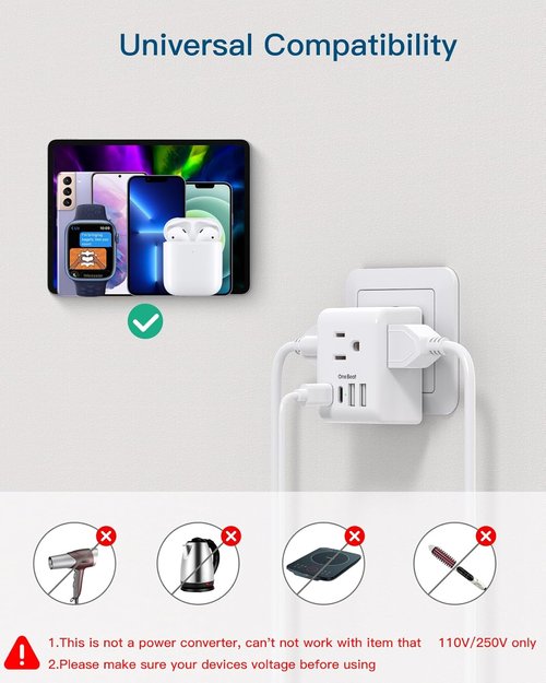 **Skiennix European Travel Plug Adapter - 3 Outlets & 4 USB Ports (2 USB-C) for EU Countries**