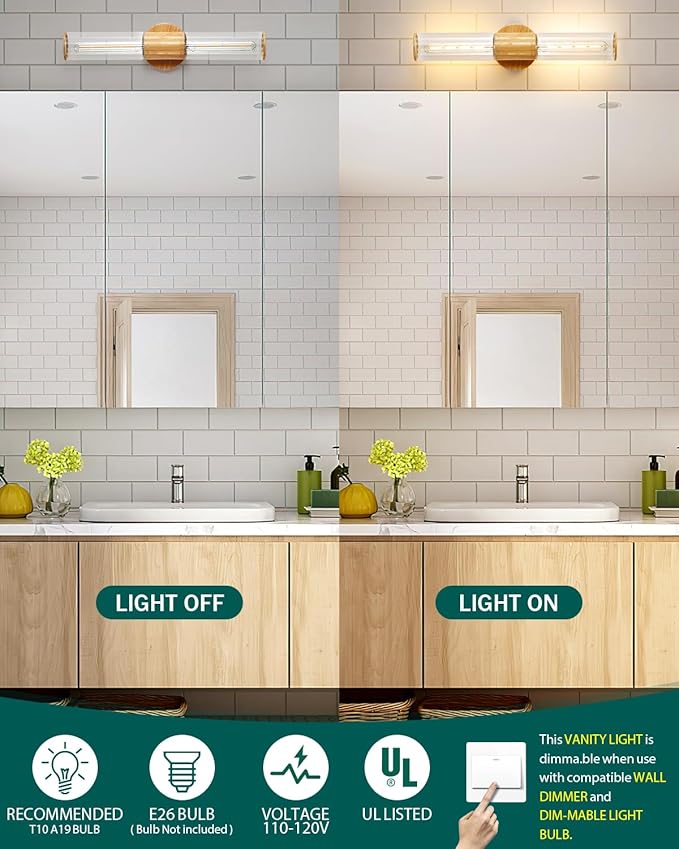 Bathroom Vanity Lighting Fixture, 2-Light Wood Grain Wall Sconce Light Fixture with Clear Glass, E26 Socket Indoor Wall Lamp, Modern Wall Sconce for Mirror Living Room