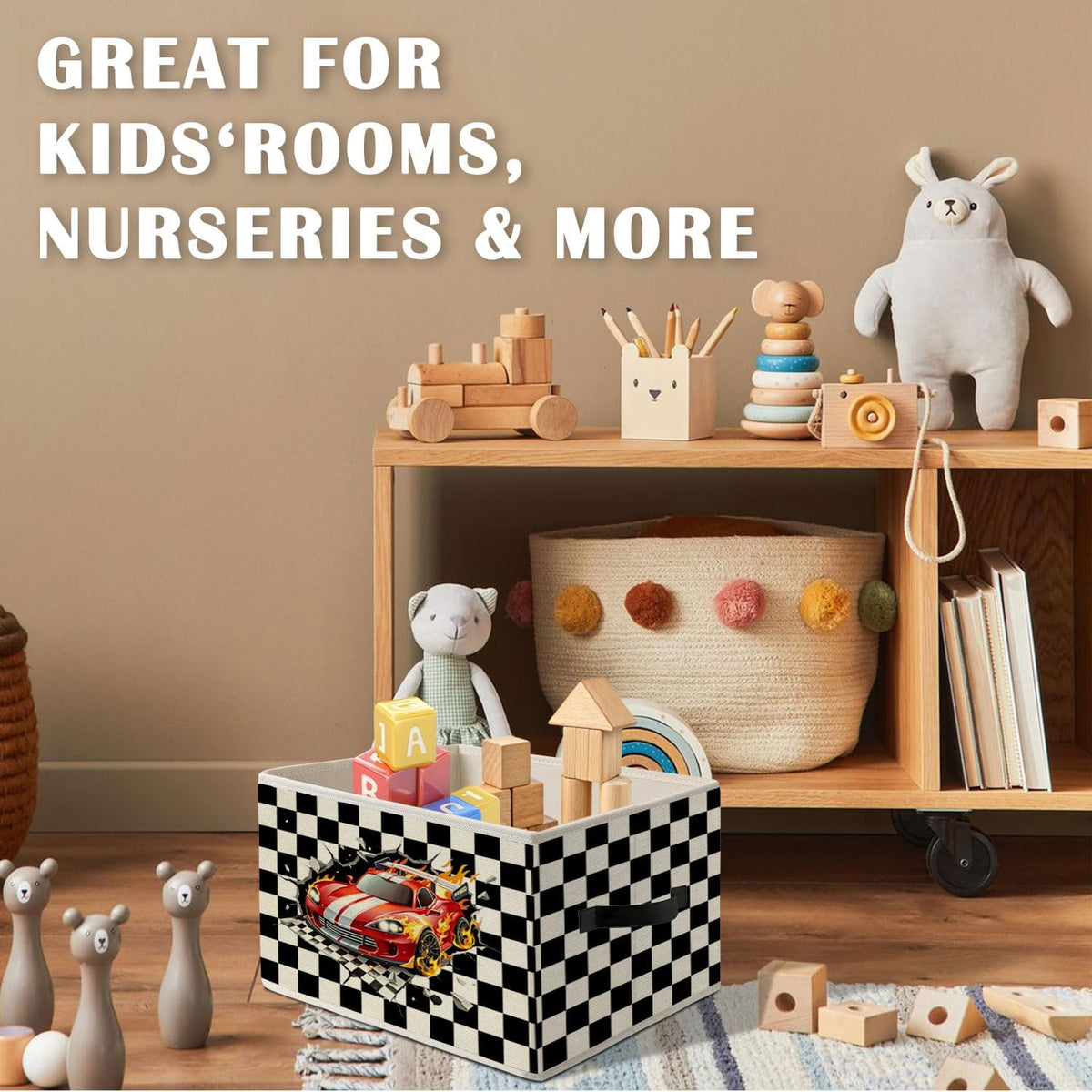 Racing Storage Bins Box,Race Car Room Decor | Ready Set Go Black Checkered Foldable Collapsible Storage Basket Organizer for Kids Nursery Bedroom Toys Playroom
