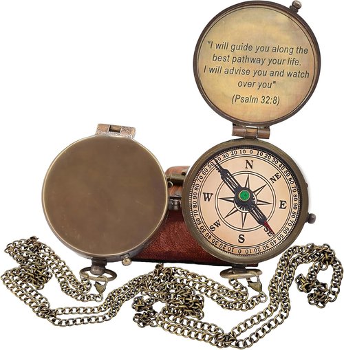 Brass Compass for Religious Gifts, Confirmation Gifts, Baptism Gifts, Best Easter, Christian Gifts for Men, Catholic Gifts, Birthday Gifts, Gifts for Teen Age, Graduation Gifts. (Psalm)