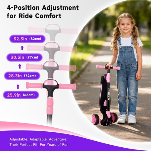 Nattork Kids Scooter for Age 3-5, Toddler Scooter with 4 Adjustable Height for Boys & Girls, Light Up 3-Wheels Foldable Kick Scoote, Lean to Steer, 120LB Weight Capacity Age 5-8 Pink