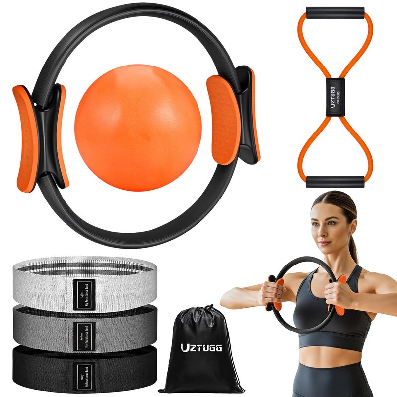 UZTUGG Pilates Equipment Kit at Home for Women, 4-in-1 Workout Essential Set with Pilates Ring, Fabric Resistance Bands, Figure 8 Resistance Band, Pilates Ball–Full Body Toning, Yoga & Stretching