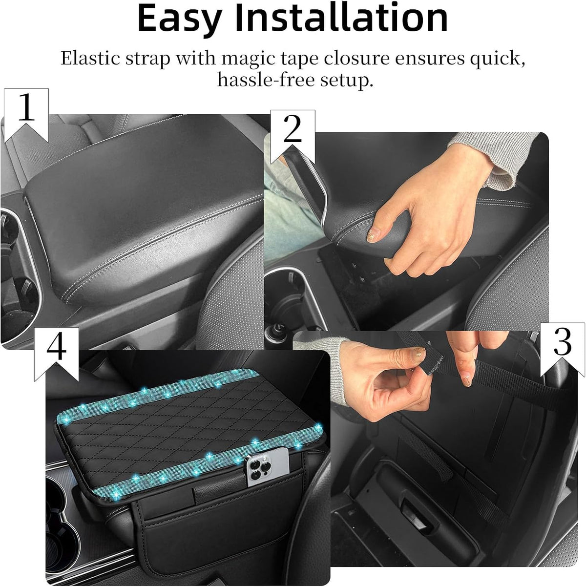 NBTEPEM Bling Car Center Console Cover, Leather Car Arm Rest Cover Cushion with 2 Storage Bags, Middle Console Cover Universal Armrest Protector Pads, Bling Accessories for Most Vehicles (Aquamarine)