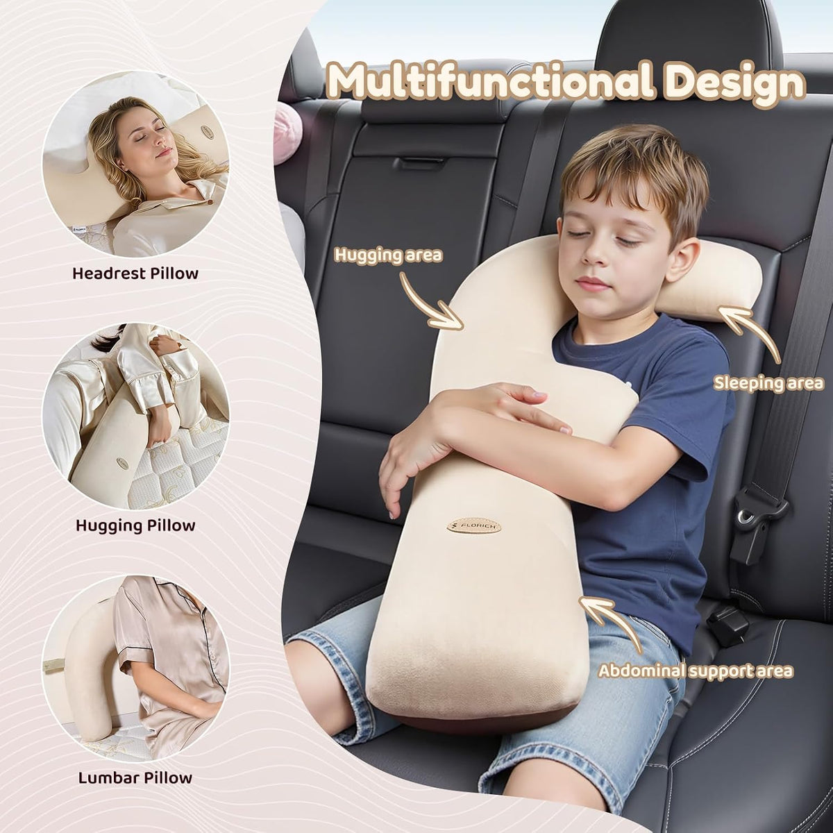 FLORICH Memory Foam Kids Travel Pillow, Car Sleeping Pillow, F-Shape Car Pillows for Adults and Children, Traveling Car Pillow for Kids with Removable Pillowcase (Beige)