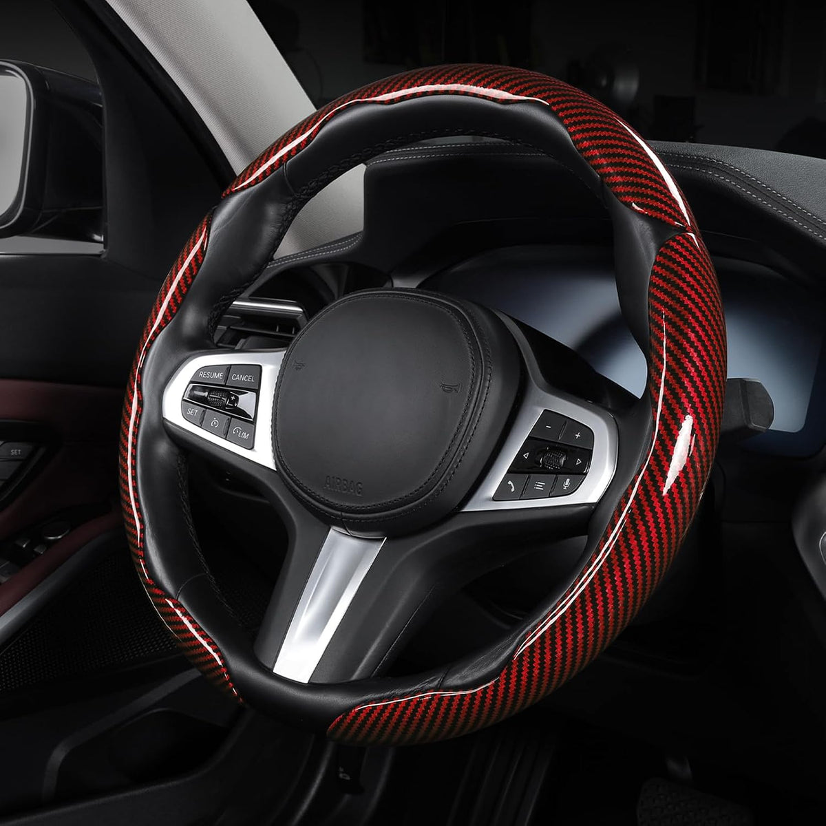Carbon Fiber Steering Wheel Cover Universal 3pcs Protector Glossy Red
