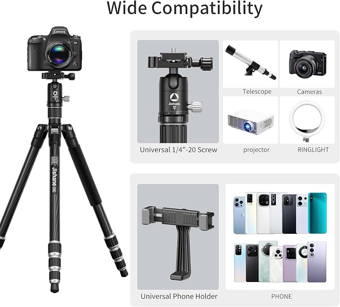 Carbon Fiber Camera Tripod, 1/4" Arca QR Plate, Compact Lightweight Travel