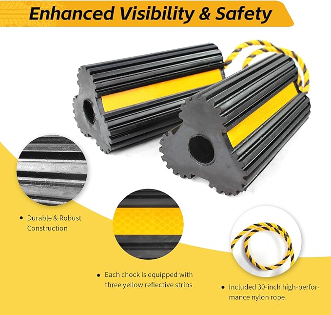 MaxxHaul 51013 Solid Rubber Wheel Chock for Travel Trailers Camper RV Truck Car Sturdiness Heavy Duty Simple Easy to use Tires Chock Block Stopper with Nylon Rope Yellow Reflective Tape 2 Pack