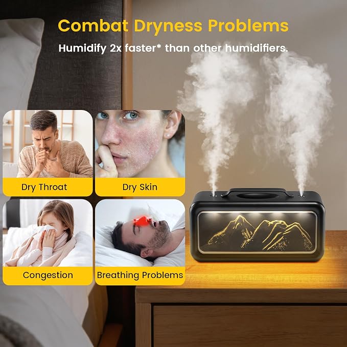 HEEYCEM Small Humidifiers for Bedroom, 600ml Cool Mist Top Fill Humidifier for Baby Nursery, Ultra Quiet 23dB, Air Humidifier with Night Light,for Plants,Home, Office (Black)
