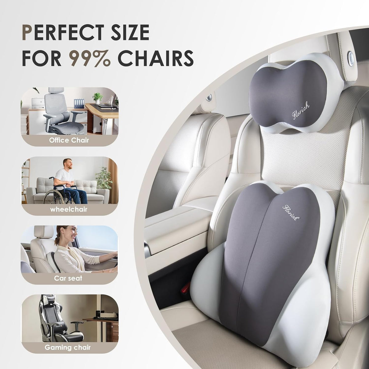 FLORICH Lumbar Support with Car headrest Back Pillow for Chairs Headrest Pillow for Car Ergonomic Ultrathick Memory Foam Back Pillow for Office Chair (Beige Grey)