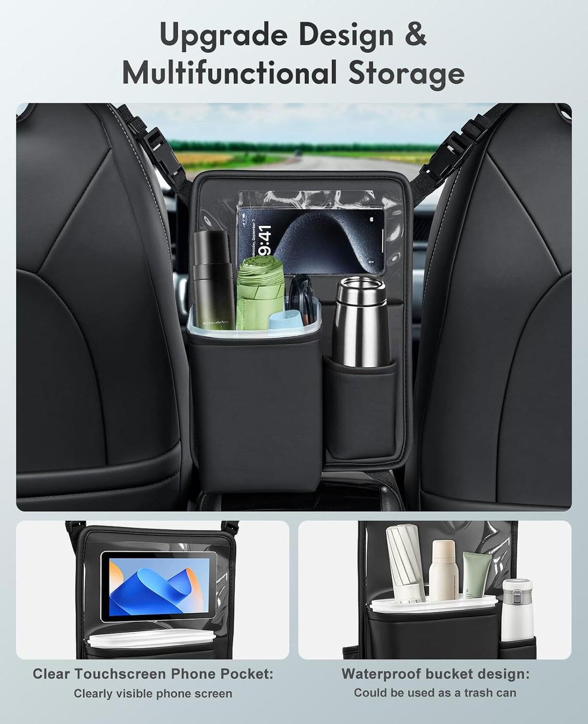 FLORICH Leather Car Seat Back Organizer Mesh Large Capacity Bag with Waterproof Cup Holder, Car Hanging Storage Bag Pocket Between Seats, Barrier of Backseat Pet Kids