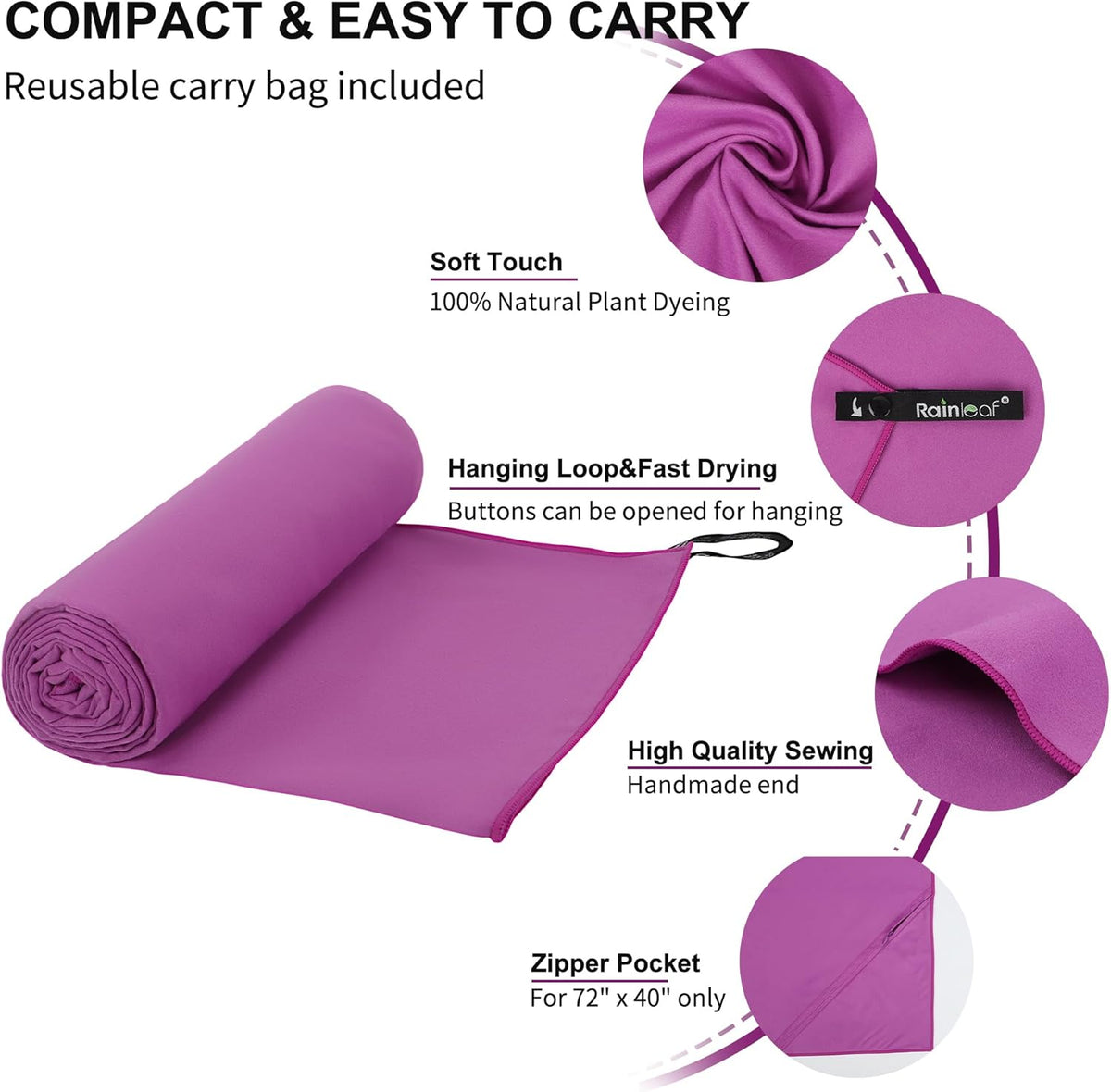 Rainleaf Microfiber Towel - Quick-Dry, Super Absorbent, Ultra Compact | Ideal for Travel, Gym, Camping, Beach