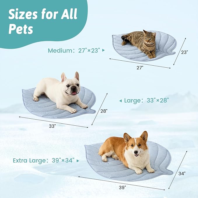 Dog Cooling Mat, Q-Max > 0.4 Leaf Shaped Pet Pad, Liquid Pee Proof Summer Mat for Cats, Washable Sleep Blanket for Bed Couch Floor Indoor, 27x23 inch, Blue