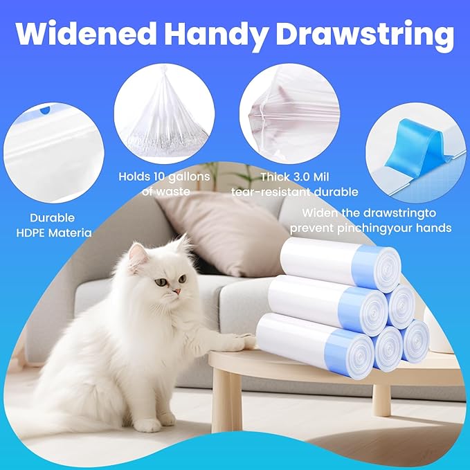 60 Pack Large Cat Litter Bags - 3MIL Extra Thick Leakproof Litter Box Liners, 31"x18" Heavy Duty Drawstring Cat Litter Liners for Automatic Litter Box, Odor Control Disposable Kitty Litter Bags 6 Roll