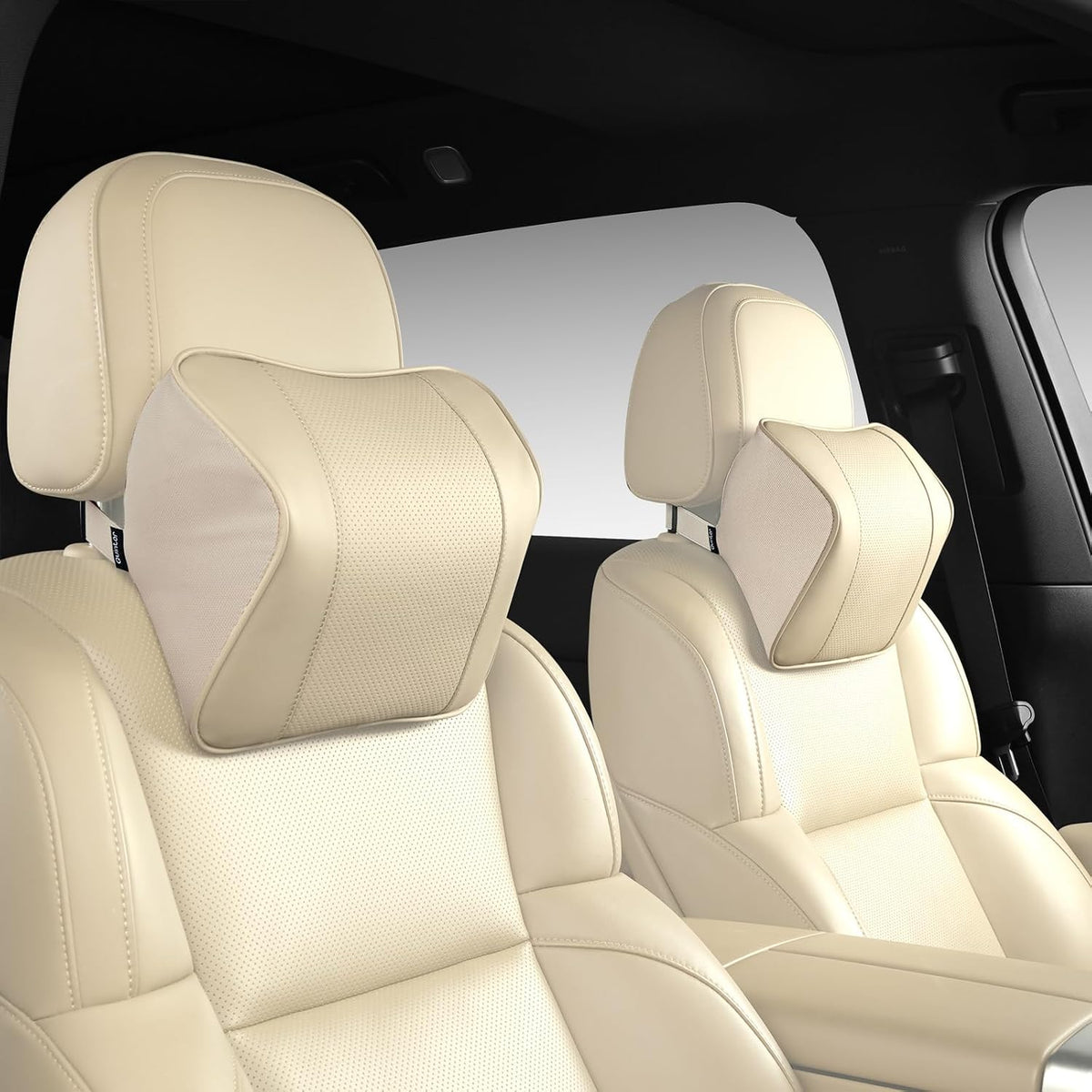 Genuine Leather Car Neck Pillow 2-Pack for Tesla Model 3/Y/X, Lexus, BMW – Breathable All-Season Cervical Support