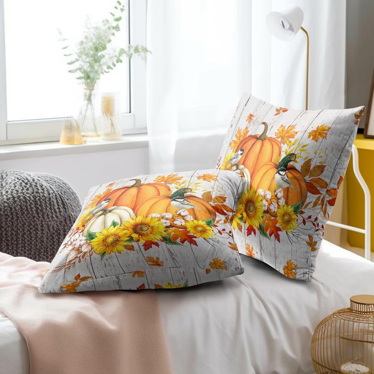 Giwawa Autumn Pumpkin Throw Pillow Covers 16x16 Inch Sunflower Wood Cotton Cushion Cases Set of 2 Seasonal Accent Pillowcase for Sofa Couch Patio