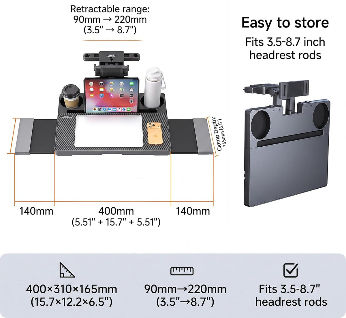 Car Back Seat Table, Foldable Laptop Desk with Adjustable Height
