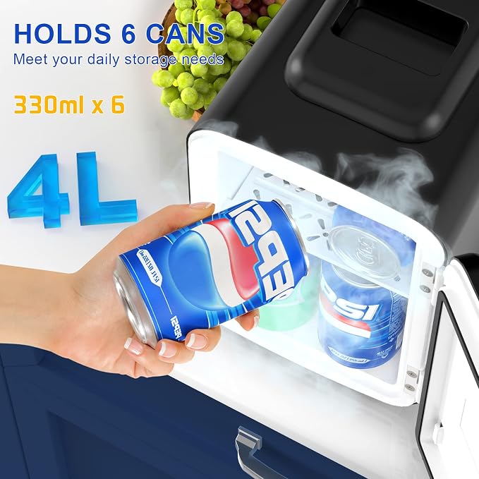 Mini Fridge for Bedroom, 4 Litre/6 Cans Portable Mini Refrigerator with AC/DC Power for Office, Dorm and Car, Thermoelectric Electric Cooler & Warmer Skincare Fridge for Drinks, Food, Cosmetics