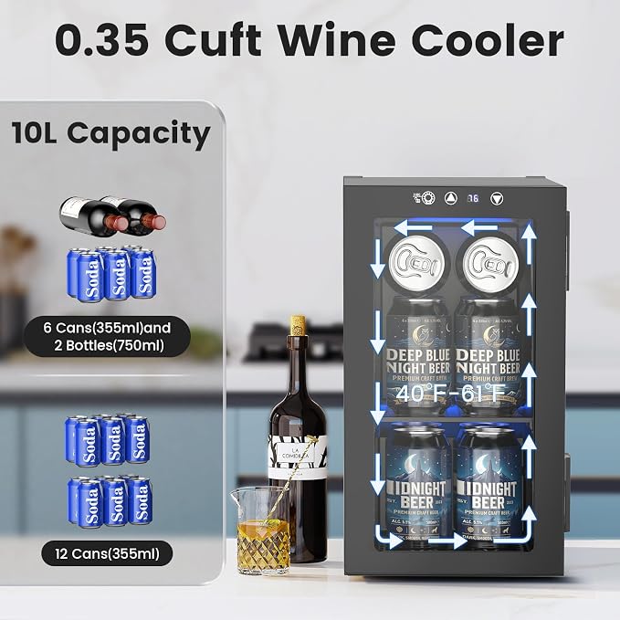 Electactic Wine Fridge Freestanding Counter-top, 12 Cans Wine Cellar Drink Cooler for Soda, Canned Beer, Adjustable Digital Temperature Control for Home Dorm Office, Black