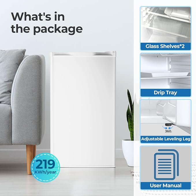 Electactic 3.2 Cu.ft Mini Fridge with Freezer, Compact Refrigerator with Reversible Single Door, Adjustable Thermostat, Low Noise, Energy Efficient for Office, Dorm, Bedroom, Apartment (WHITE)