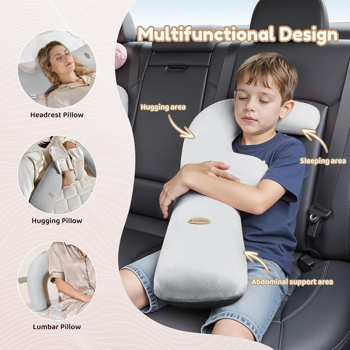 FLORICH Memory Foam Kids Travel Pillow, Car Sleeping Pillow, F-Shape Car Pillows for Adults and Children, Traveling Car Pillow for Kids with Removable Pillowcase (Grey)