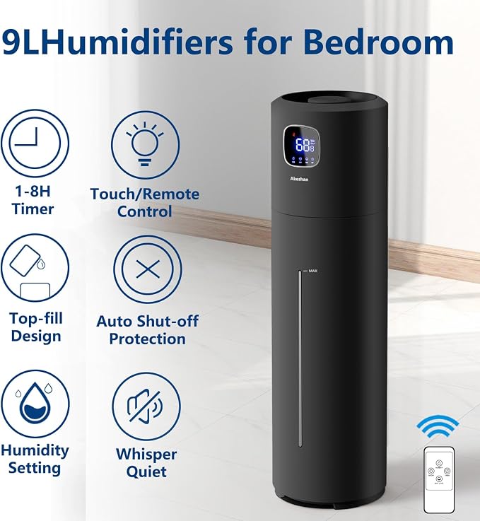 Large Humidifiers for Bedroom, 9L/2.5Gal Ultrasonic Cool Mist, Top Fill Easy Clean with 350ML/H Mist Speed, Quiet, Suitable for Kids Room Plant Yoga Office Study Room Living (Black, Round)