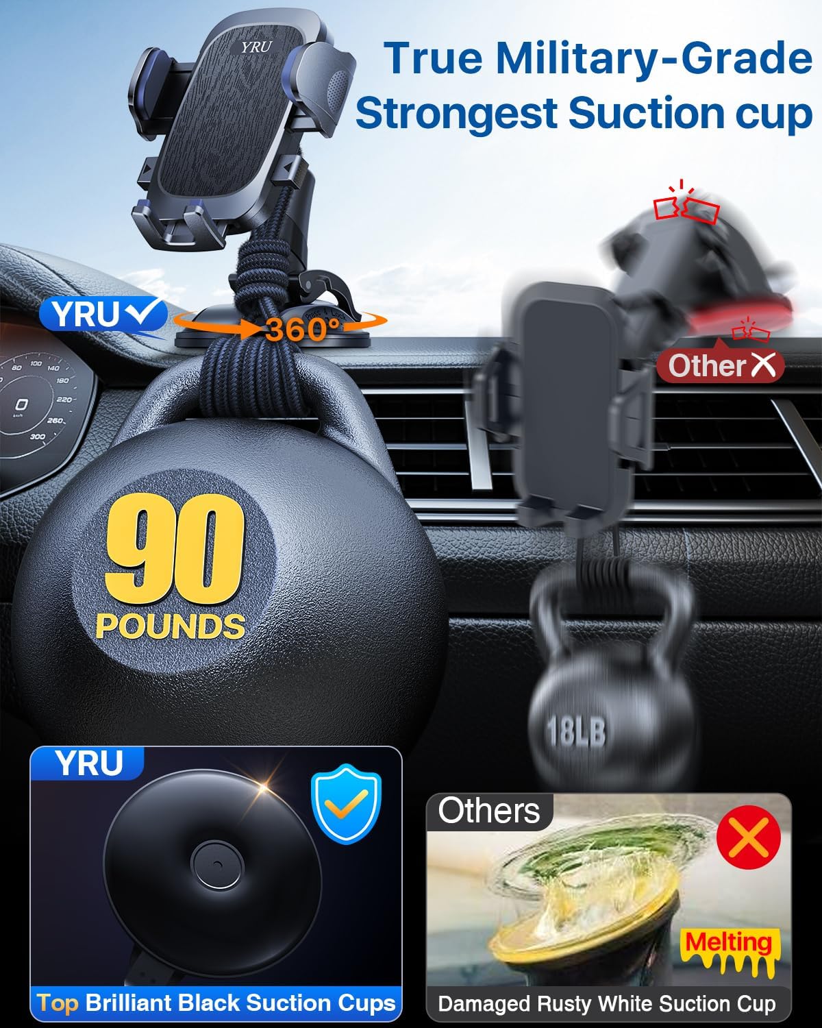 YRU 90+LBS Military-Grade Anti-Shake 2026 Upgraded Car Phone Holder Mount