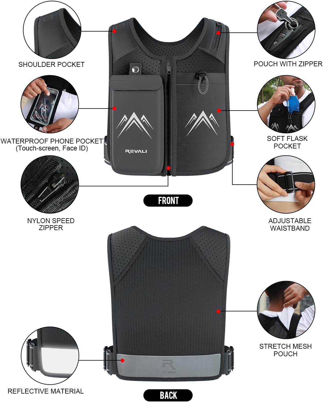 Revali Running Vest - Reflective Zip Design with 500ml Hydration Bottle | Adjustable & Breathable Gear for Men & Women