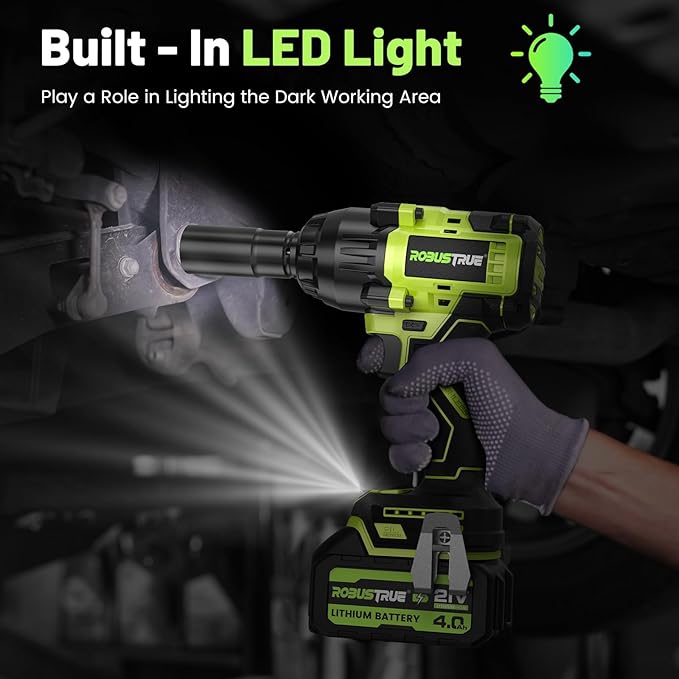 Robustrue Cordless Impact Wrench 738ft-lbs (1000N.m), High Torque Brushless 1/2 Impact Gun, 2 x4.0Ah Battery 21V Max, Fast Charger, 4 Sockets, Impact Wrench for Home Car Tires Truck Mover
